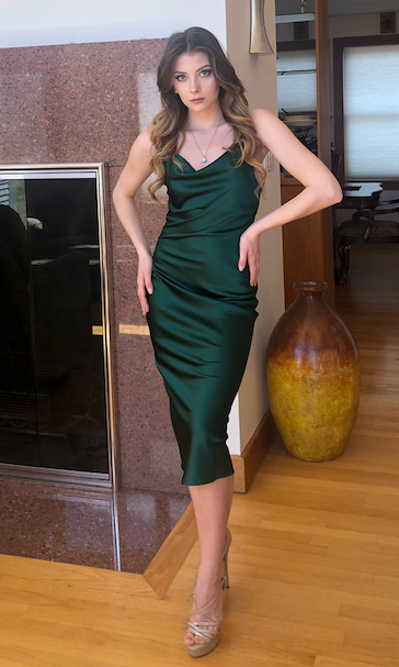 Aspen Midi Dress - Emerald Green Satin Slip Dress