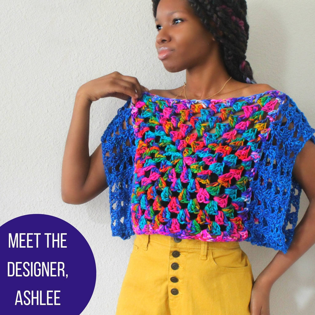 Woman wearing a vibrant multi-color crochet granny square crop top with a square neckline and blue border.