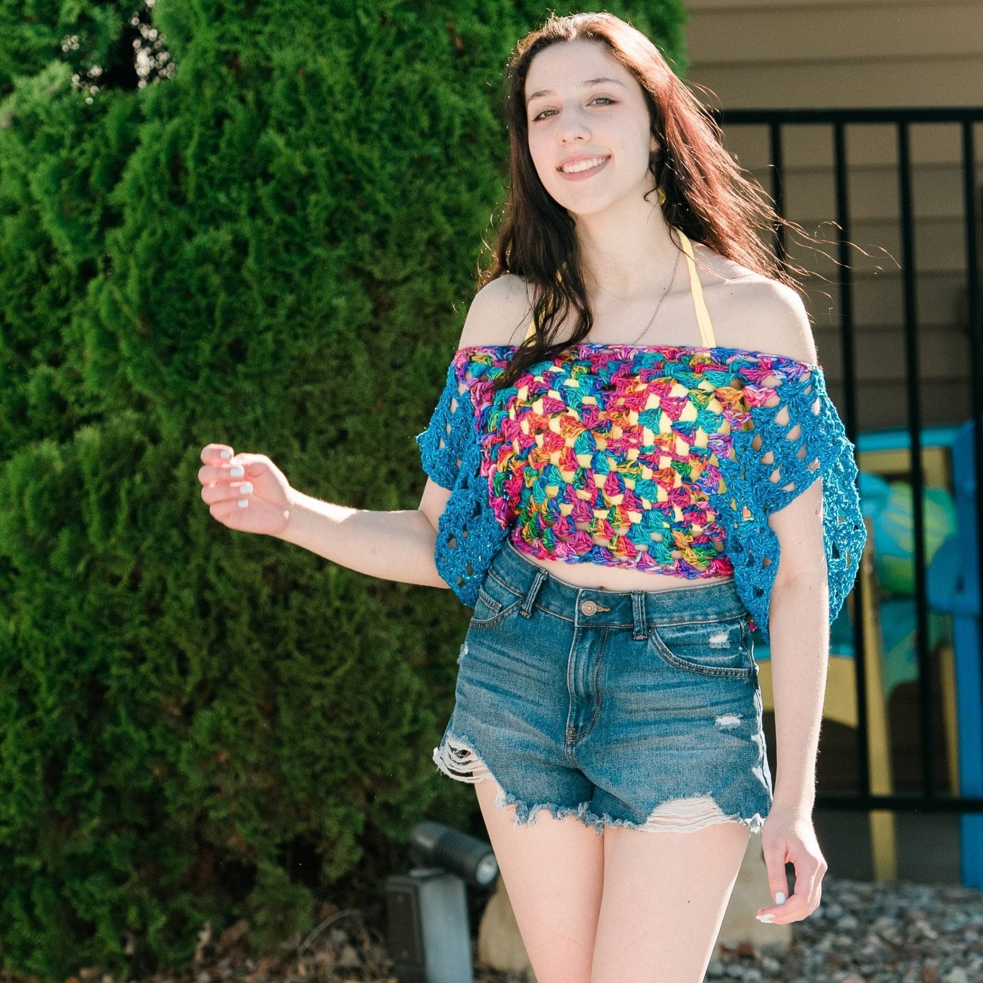 Astral Crochet Granny Square Crop Top - Bohemian Multi-Color Knit