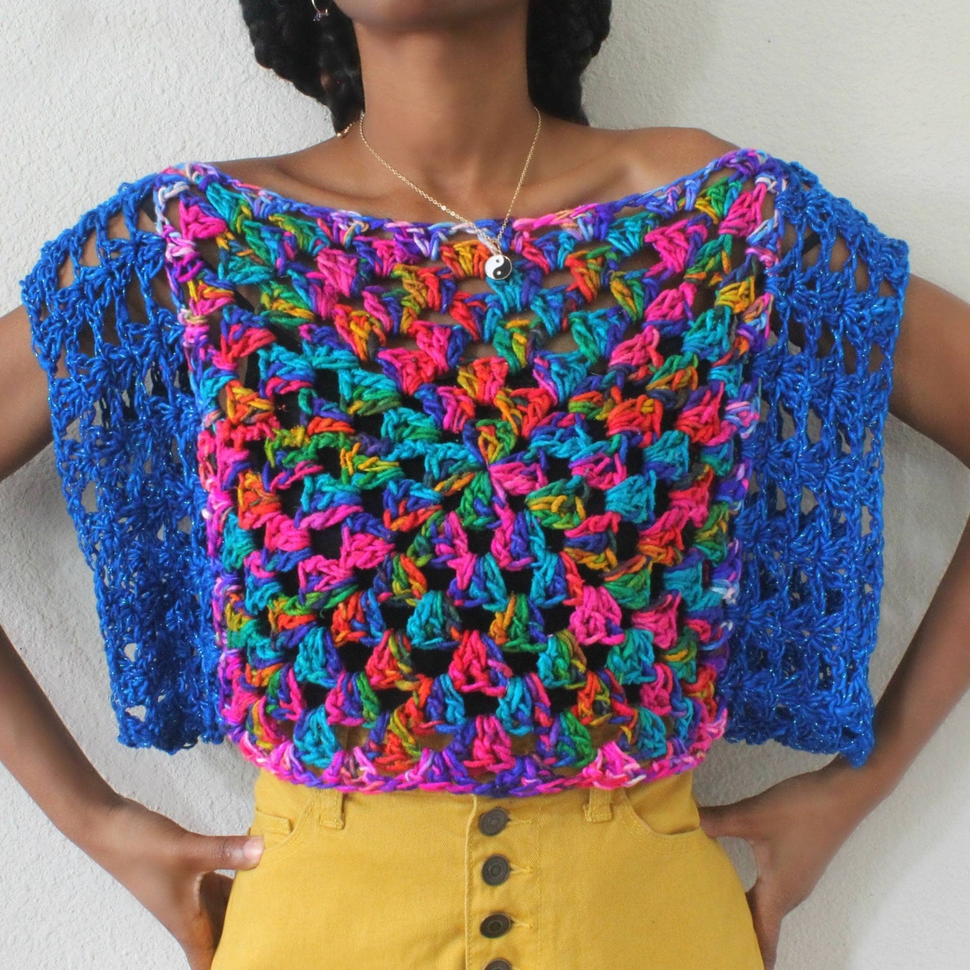 Astral Crochet Granny Square Crop Top - Bohemian Multi-Color Knit