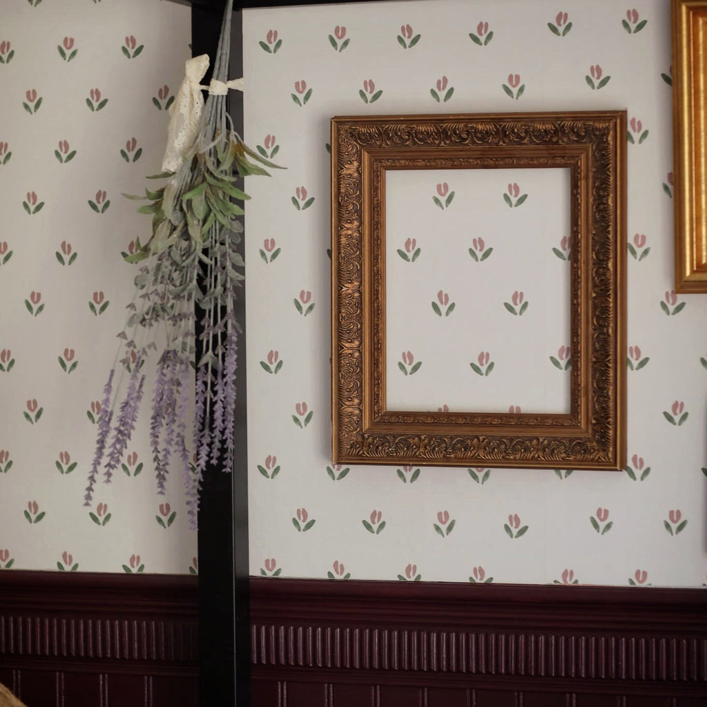 Baylor floral wallpaper in sage-green, dusty-rose, and cream colors