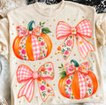 Floral Pumpkin Bow Graphic Tee | Pink Gingham Fall Shirt | Girly Pumpkin T-Shirt