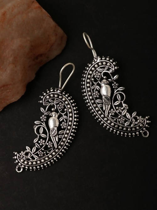 Oxidised Silver Parrot Hoops and Ghungroo Bali Combo Earrings