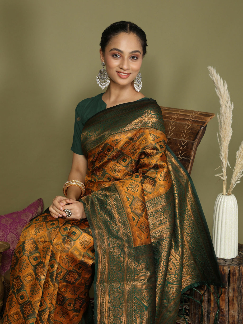 Yellow Lichi Silk Saree with Green Blouse