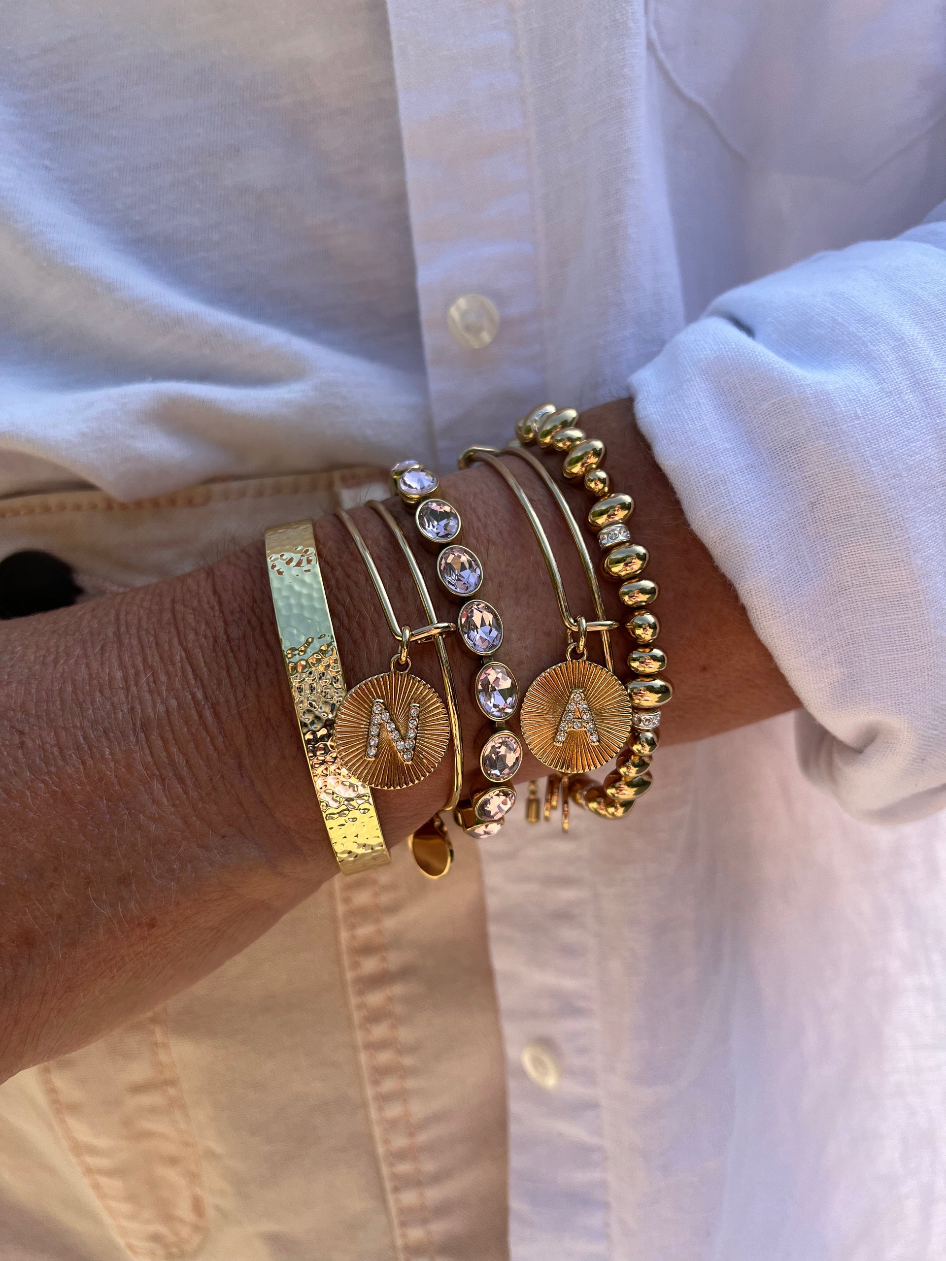 Initial N Pave Starburst Bangle Bracelet in Gold and Silver
