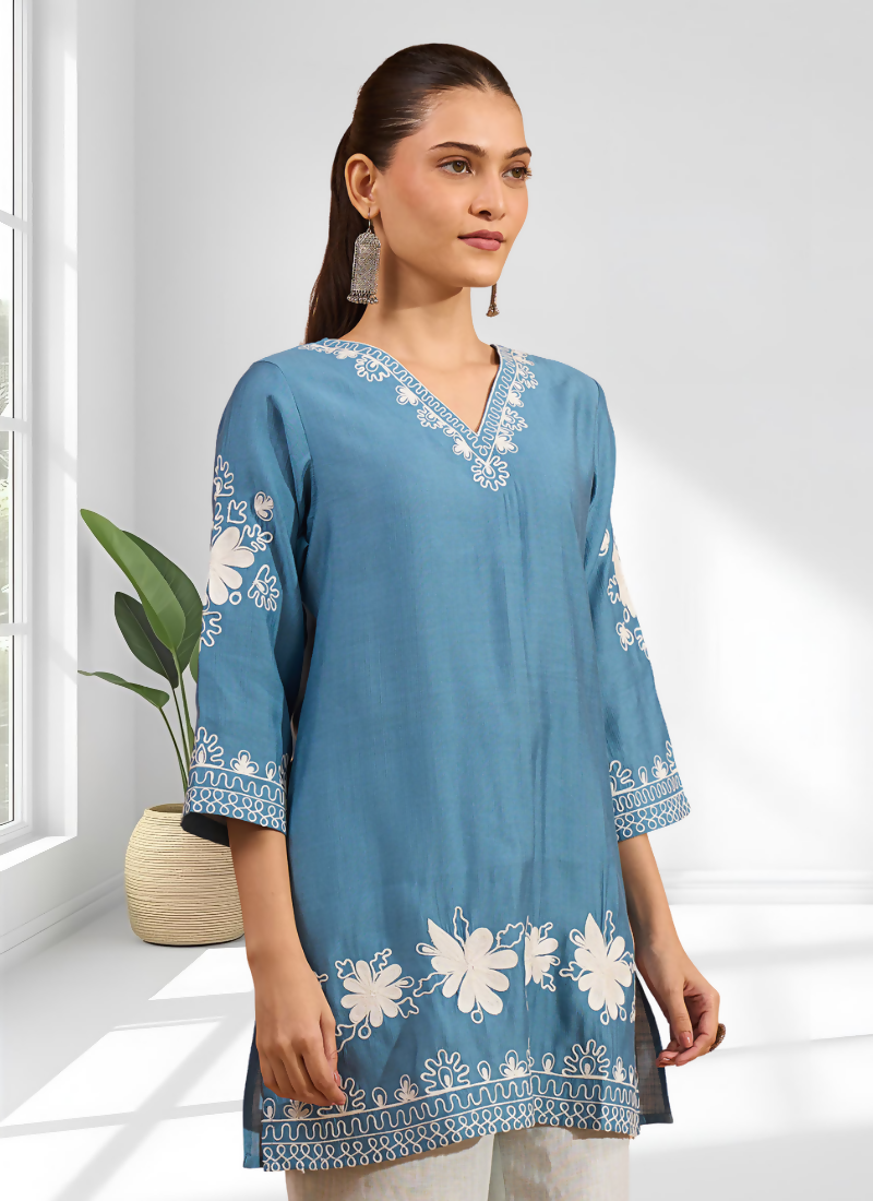 Teal Silk Embroidered Tunic with V-Neck Design