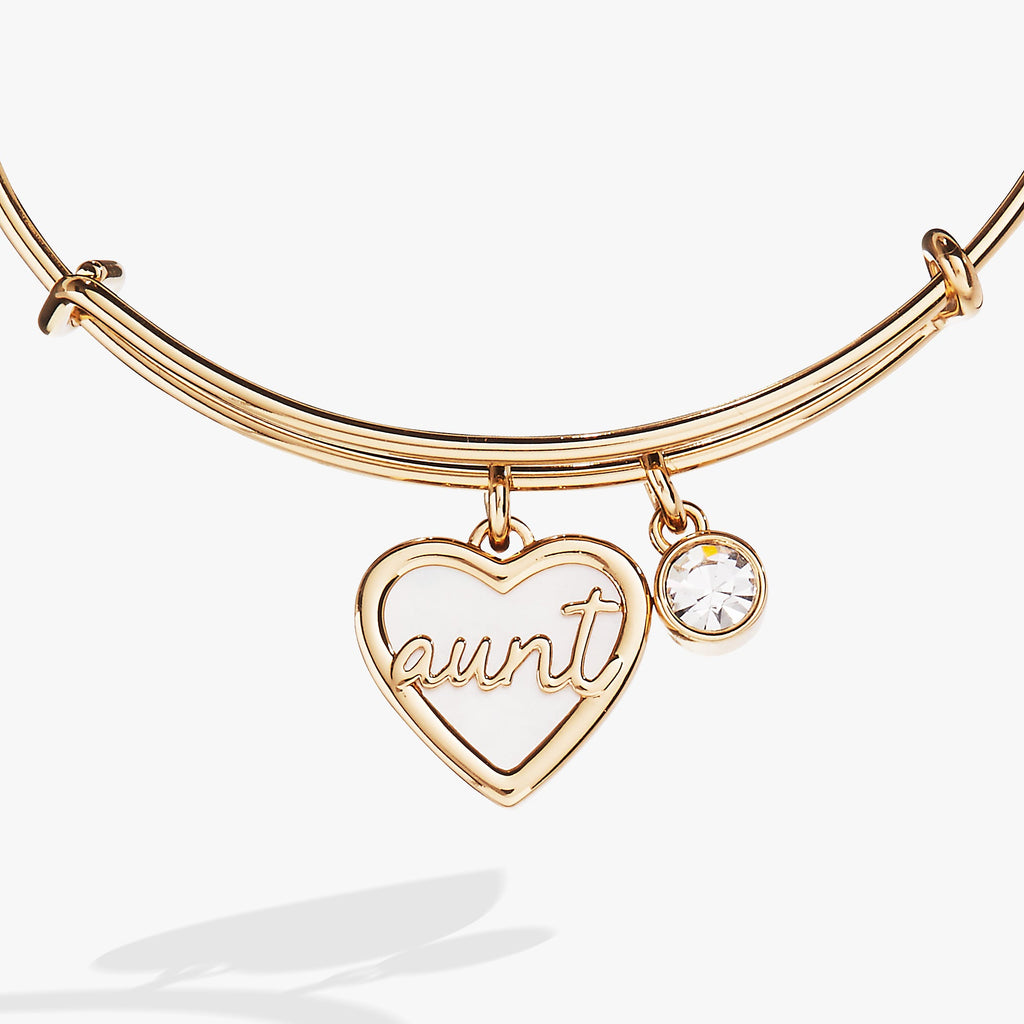 Mother of Pearl Aunt Heart Charm Expandable Bangle in Gold