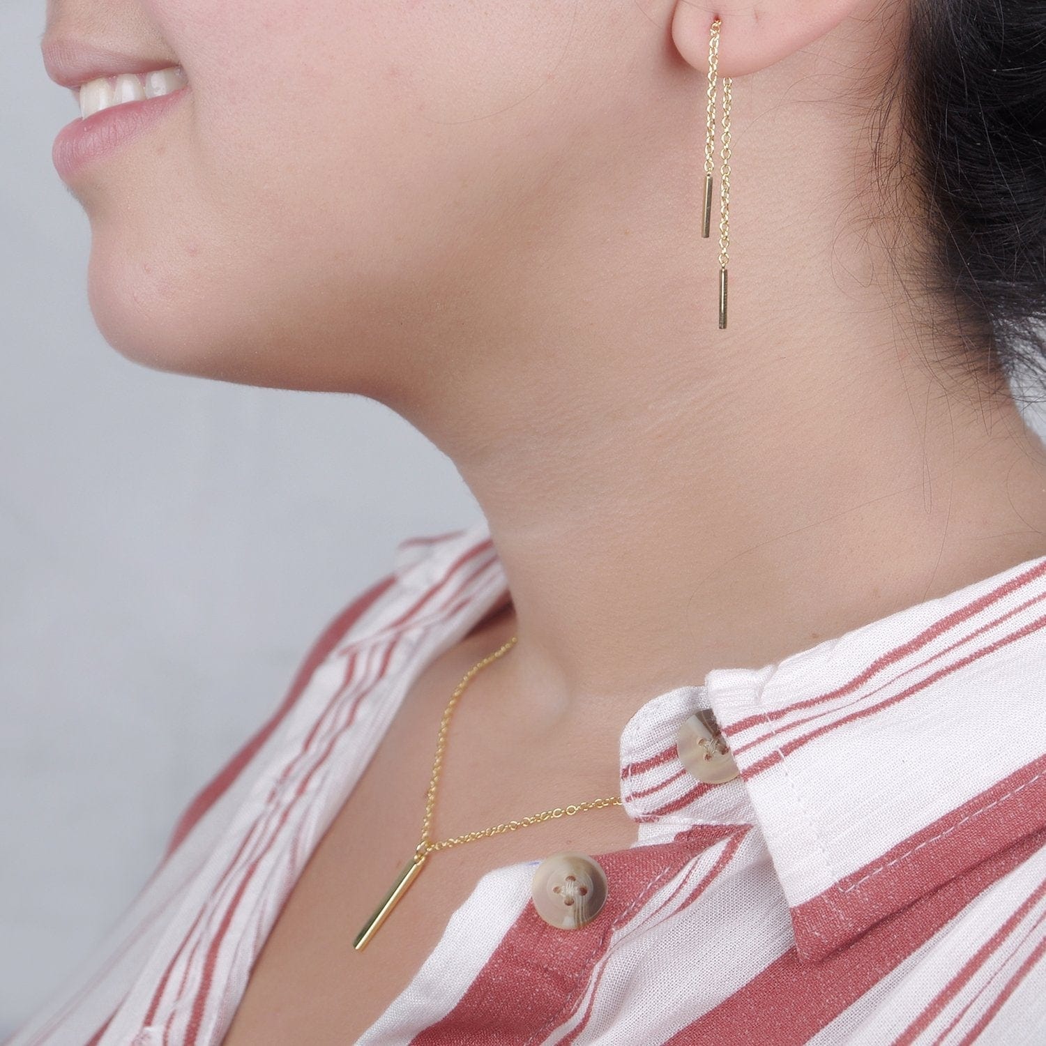 Aunt-Niece Gold Bar Earring Threader and Necklace Jewelry Set