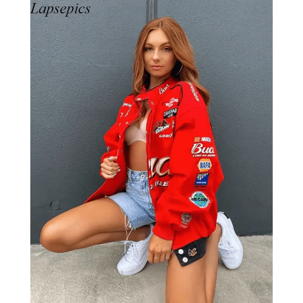 Women's oversized red printed sports style jacket