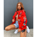 Women's Oversized Red Printed Casual Winter Sports Coat