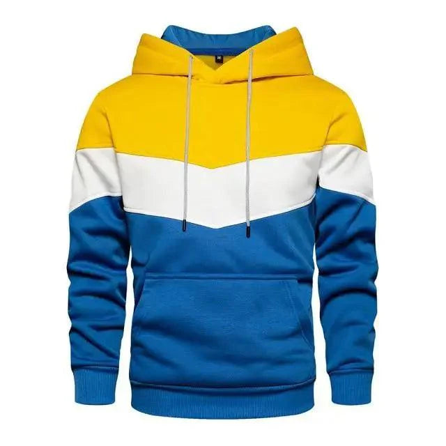 Men's color block streetwear hoodie in vibrant colors with a front pocket and relaxed fit.
