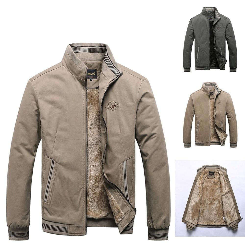 A vintage-inspired men's solid color cotton zip-up jacket in khaki or charcoal gray.