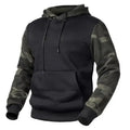 Men's tactical camouflage fleece pullover hoodie with long sleeves and heavy-duty fabric.