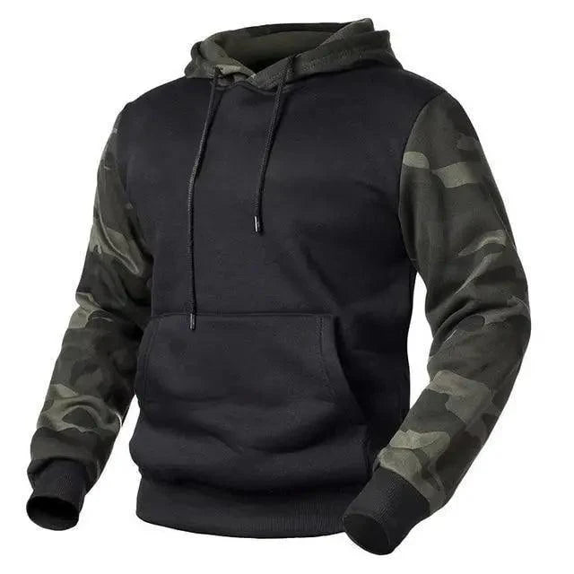 Men's tactical camouflage fleece pullover hoodie with long sleeves and heavy-duty fabric.