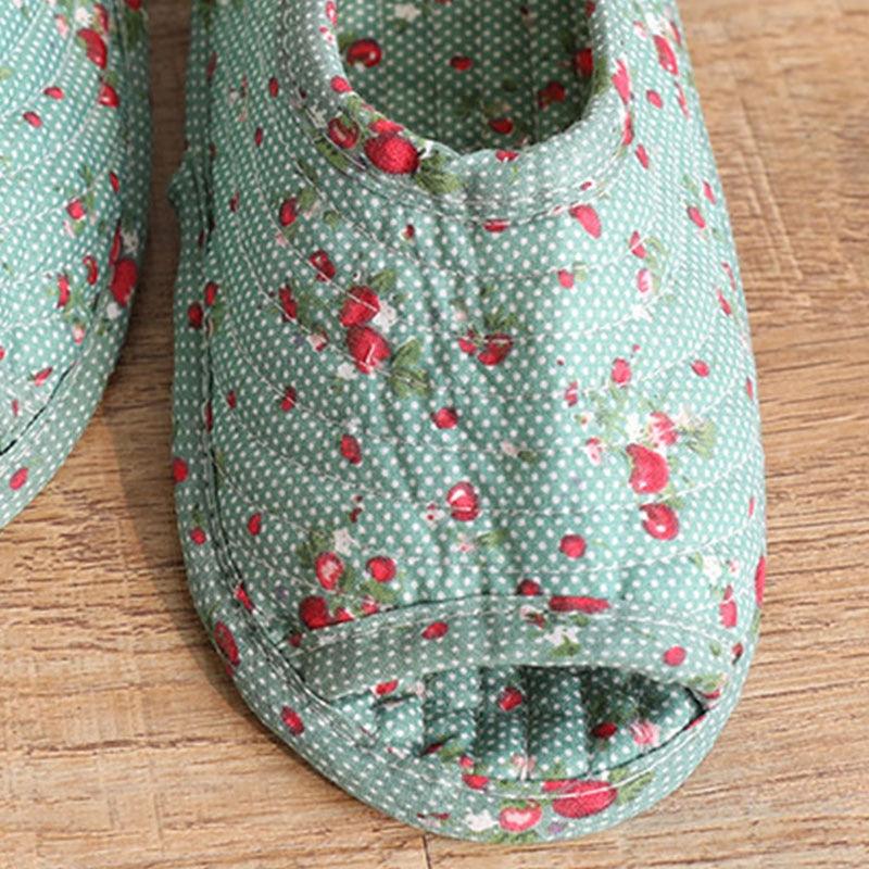 Vintage Floral Open Toe Cotton Slippers, Breathable Indoor House Shoes