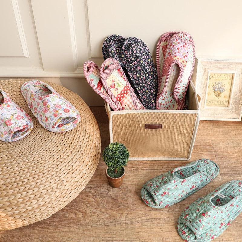 Vintage Floral Open Toe Cotton Slippers, Breathable Indoor House Shoes