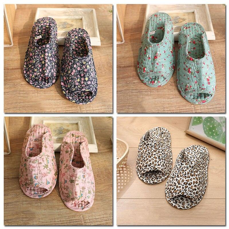 Vintage Floral Open Toe Cotton Slippers, Breathable Indoor House Shoes