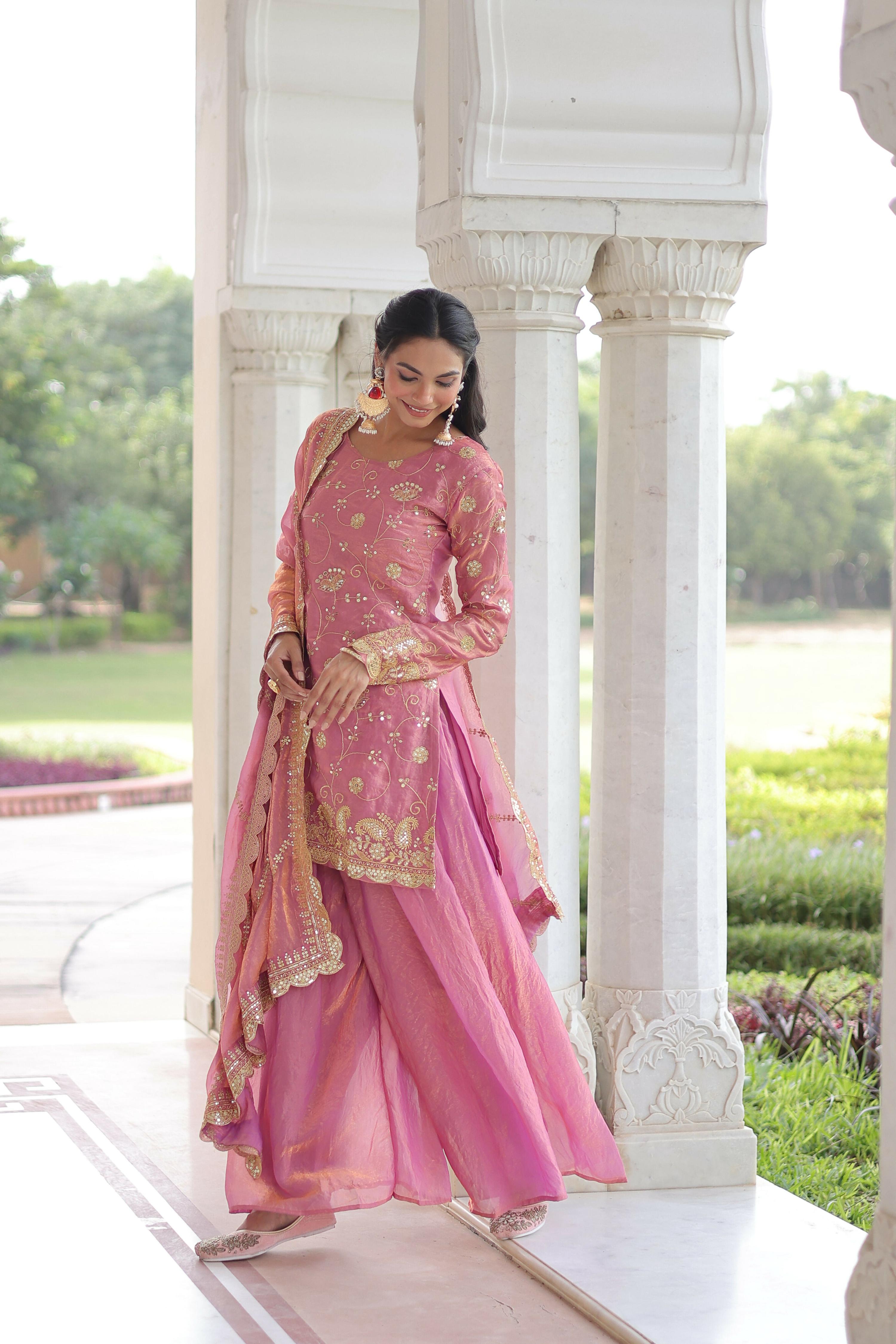 Pink Silk Readymade Kurta Set with Sequins Embroidery Work