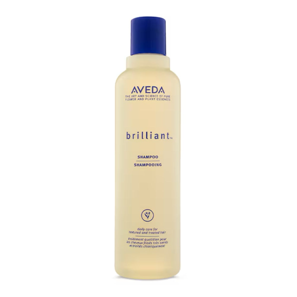 A 250 ml bottle of Aveda Brilliant Shampoo, a professional deep-cleansing formula for shine and softness.