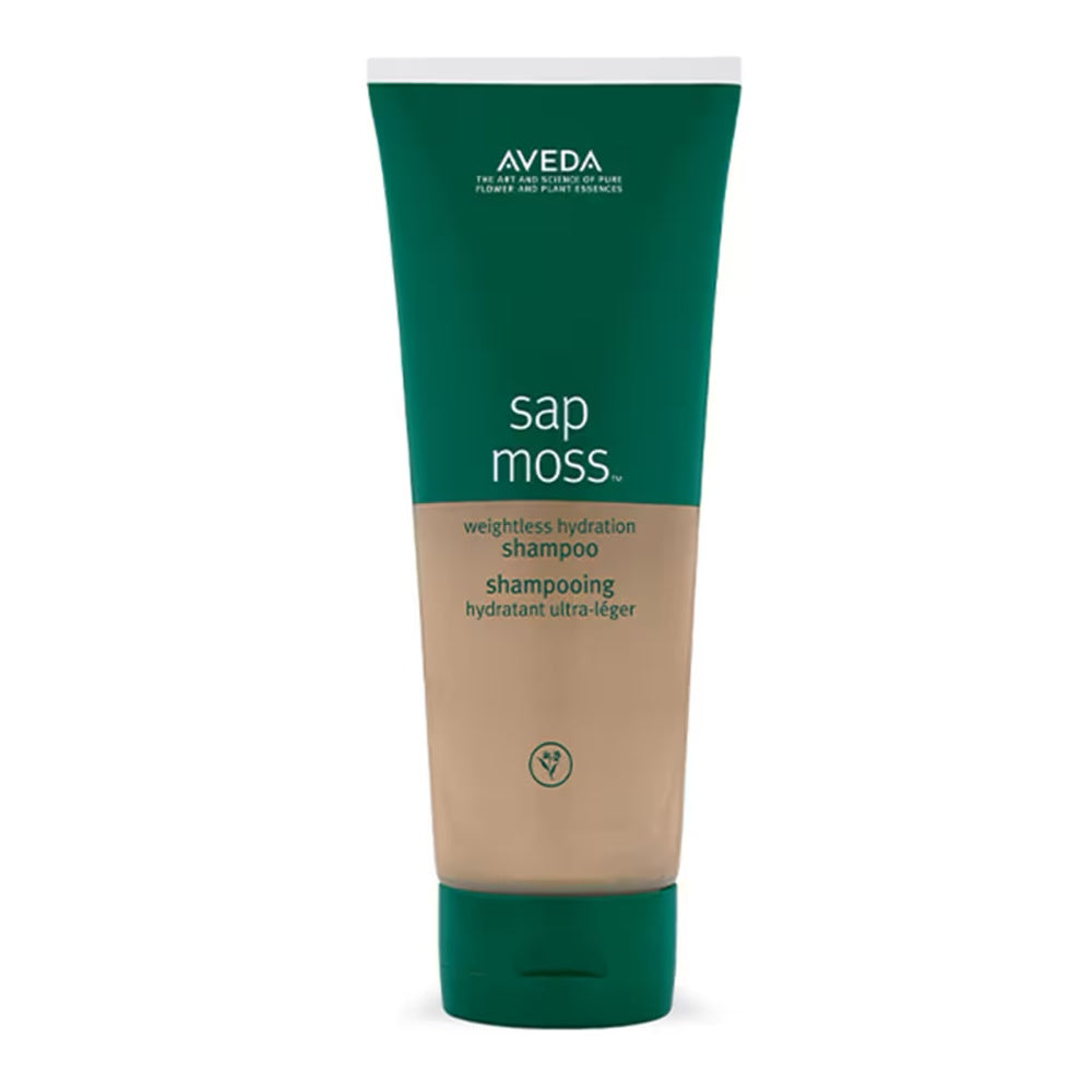 Aveda Sap Moss Weightless Hydration Shampoo in green and tan bottle, 200ml size.