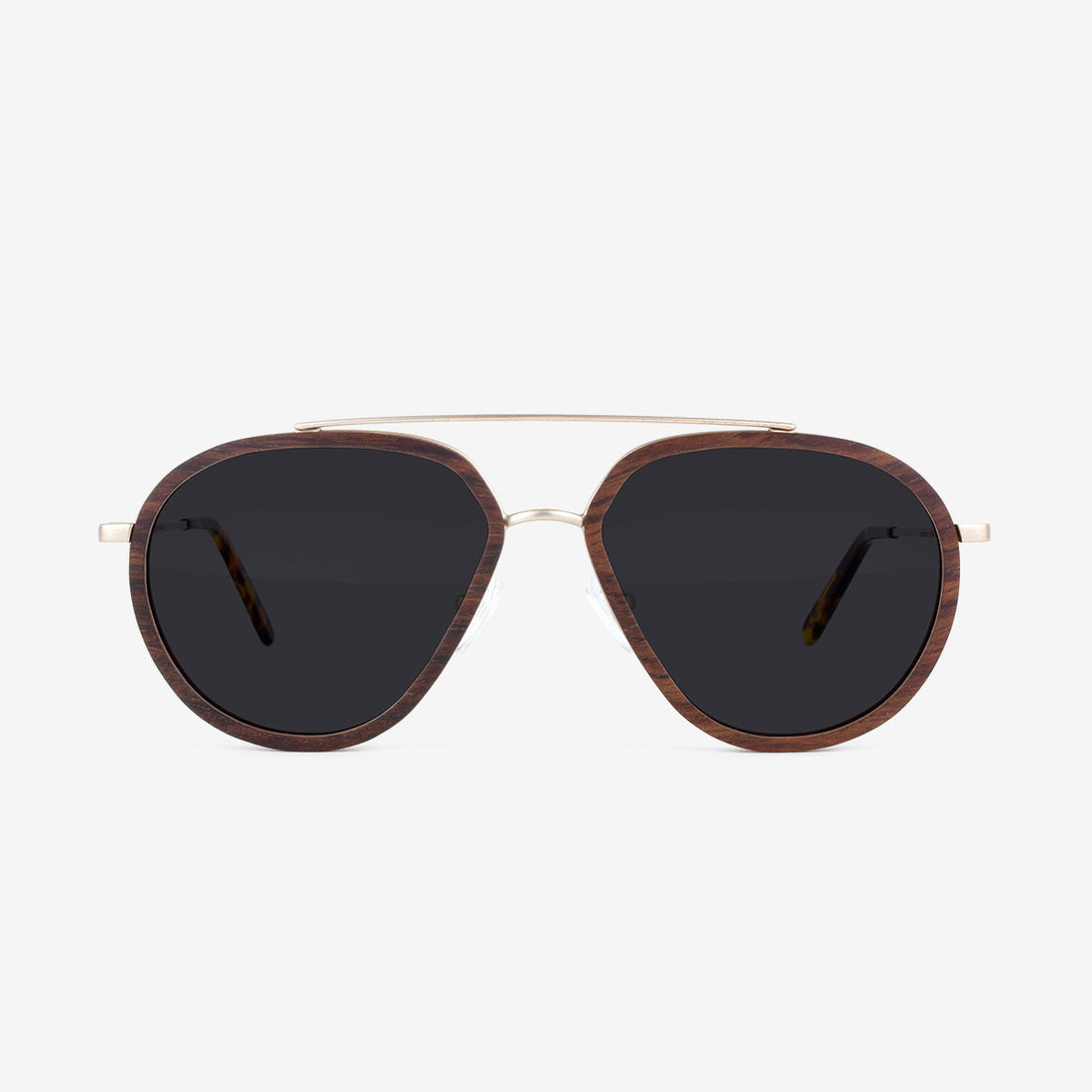 A pair of Aventura aviator sunglasses featuring a premium metal frame with elegant wood temple detailing.