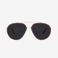 A pair of Aventura aviator sunglasses featuring a premium metal frame with elegant wood temple detailing.