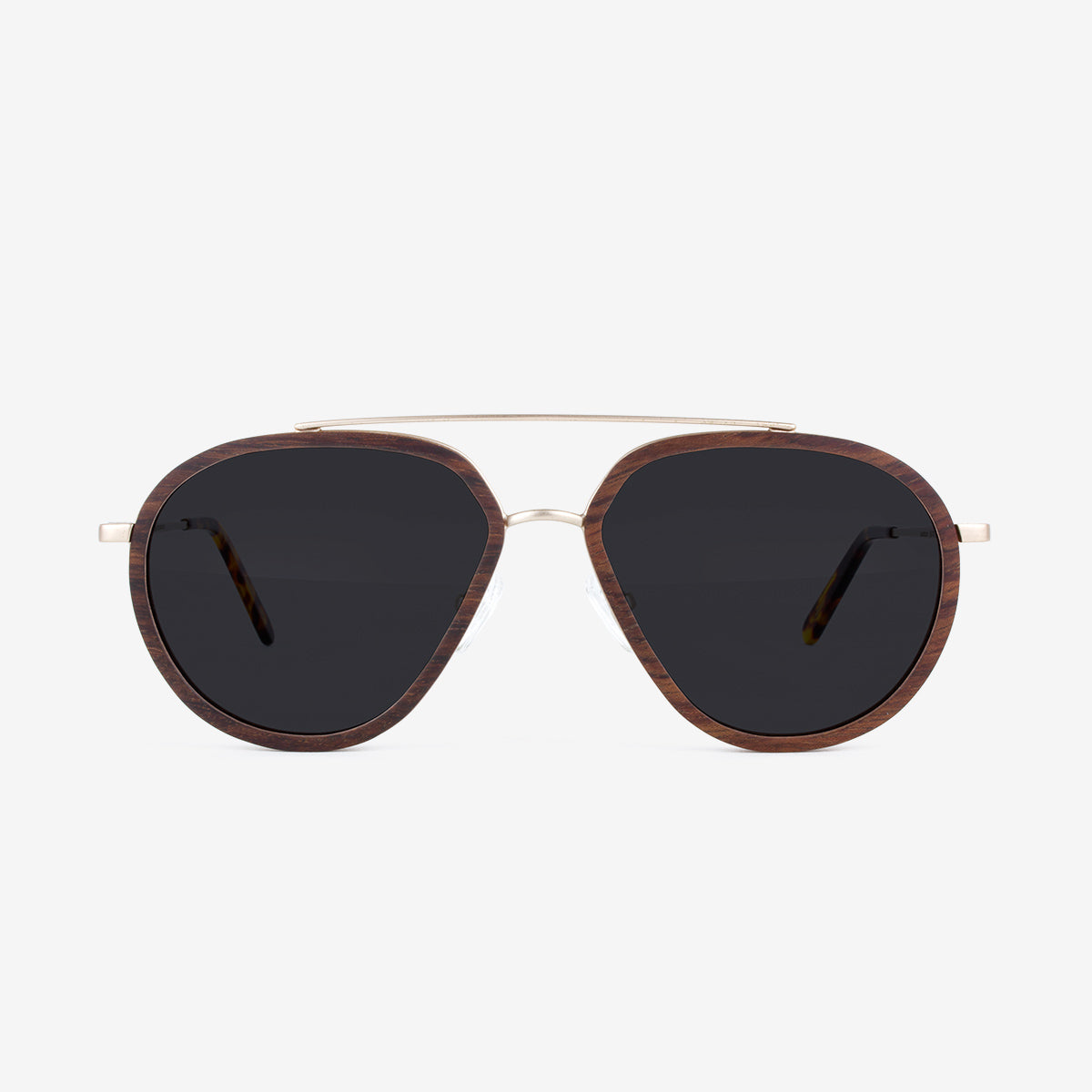 A pair of Aventura aviator sunglasses featuring a premium metal frame with elegant wood temple detailing.