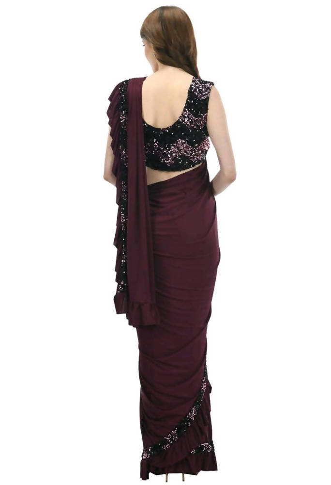 Wine and Black Ruffled Ready-to-Wear Saree with Blouse