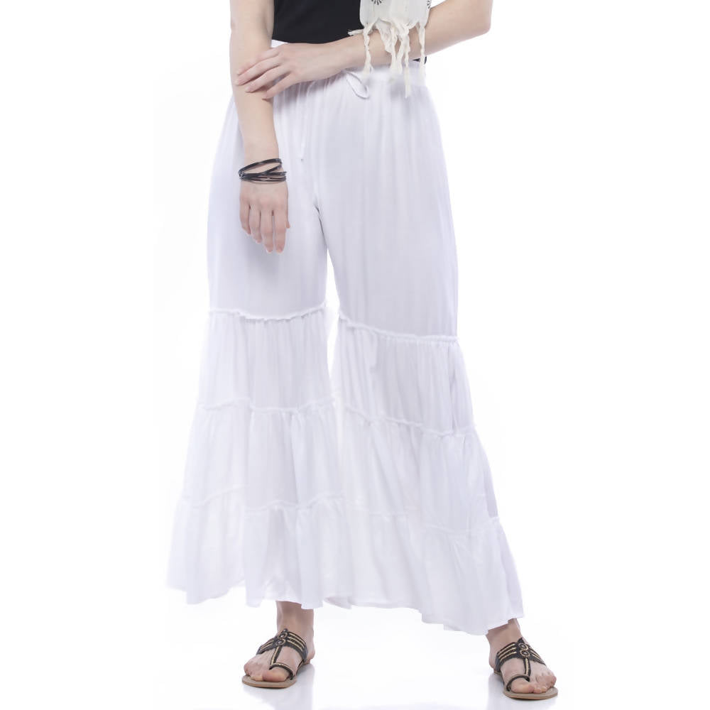White rayon cotton palazzo pants with string closure and wide-leg silhouette