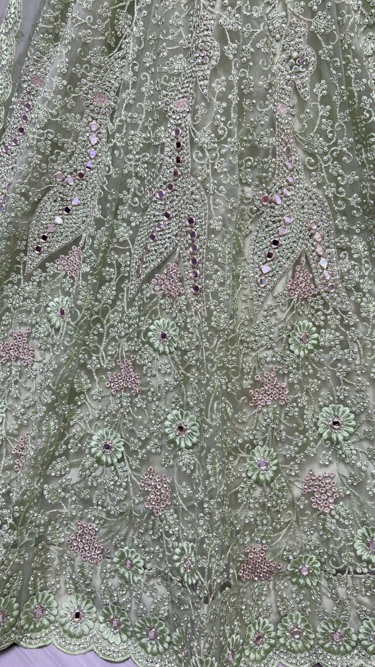 Pista Green Bridal Net Lehenga Choli with Mirror and Diamond Work