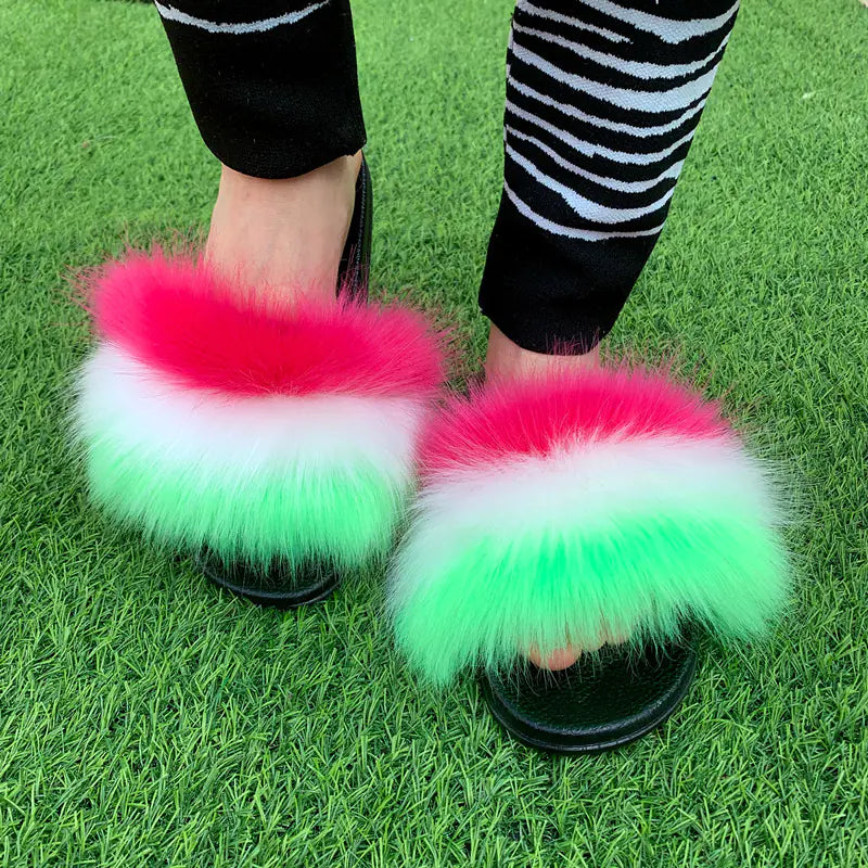 Women's Multicolored Faux Fur Flat Slippers Cozy Open Toe Slides - Image 46