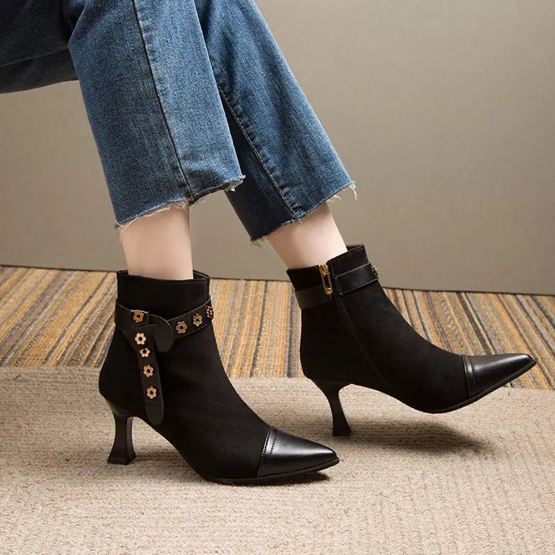 Women's Pointed Toe Ankle Boots with Flower Stud Detail - Image 10