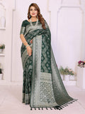 A vibrant green georgette silk saree with traditional Leheriya patterns and zari weaving.