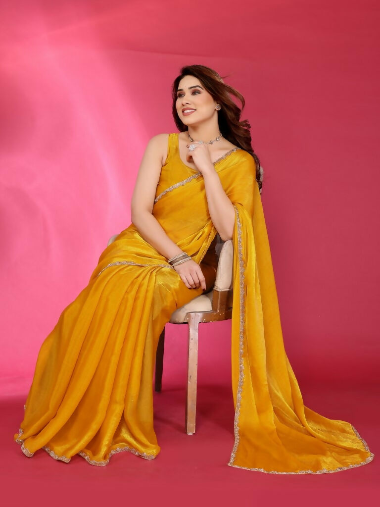 Yellow Jimmy Choo Fabric Saree with Work Lace Border