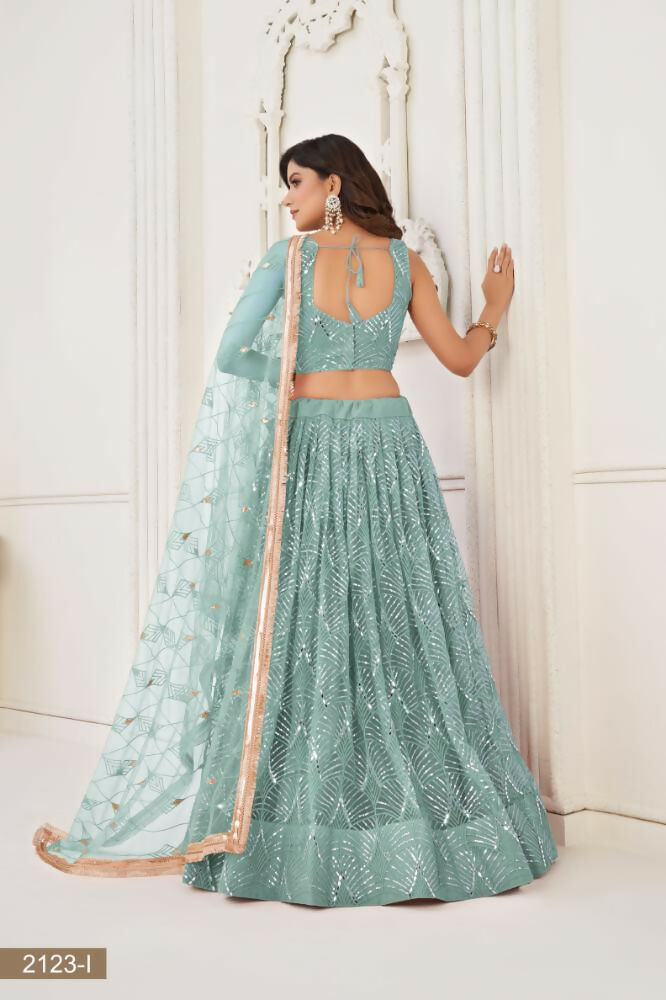 Ocean Blue Butterfly Net Lehenga with Mirror and Sequence Work