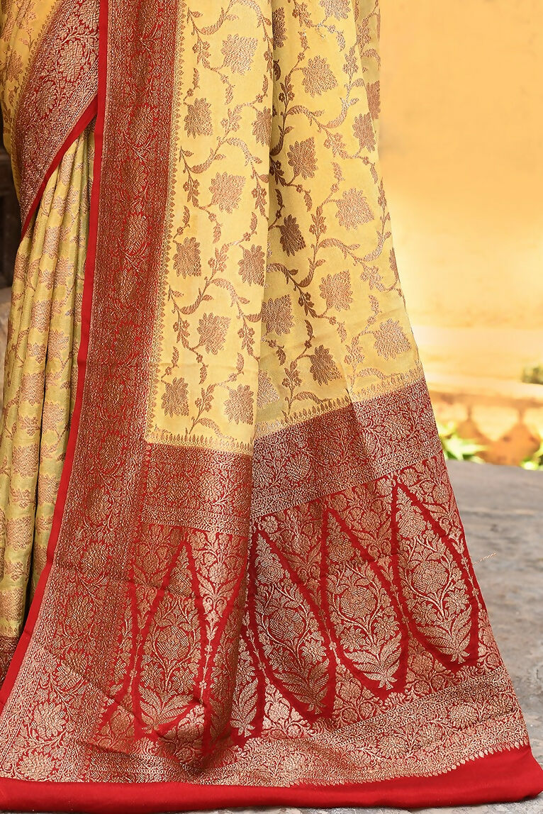 Yellow Crepe Chiffon Pure Handloom Banarasi Silk Saree