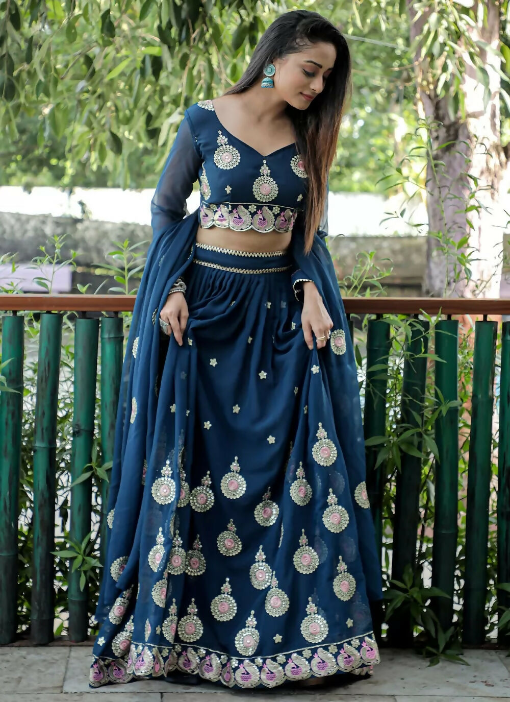 Blue Georgette Sequins and Zari Embroidered Lehenga Choli Set