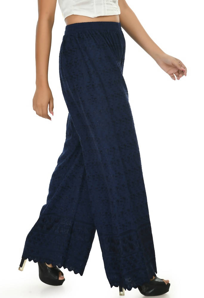 Navy Blue Rayon Cotton Palazzo with Traditional Chikankari Work