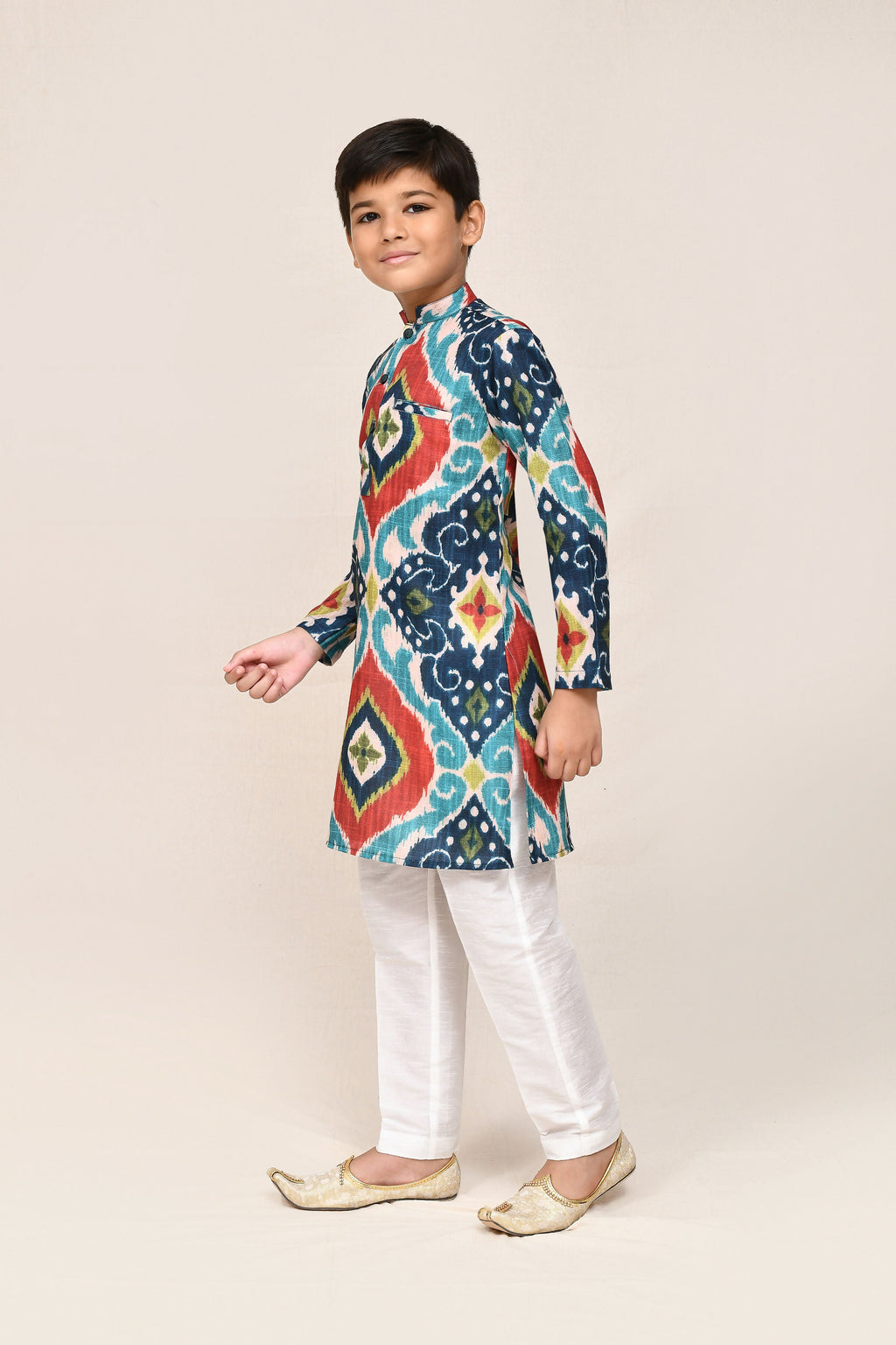 Kids navy blue, red, and teal multicolor pure cotton kurta with white trousers