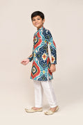 Kids navy blue, red, and teal multicolor pure cotton kurta with white trousers