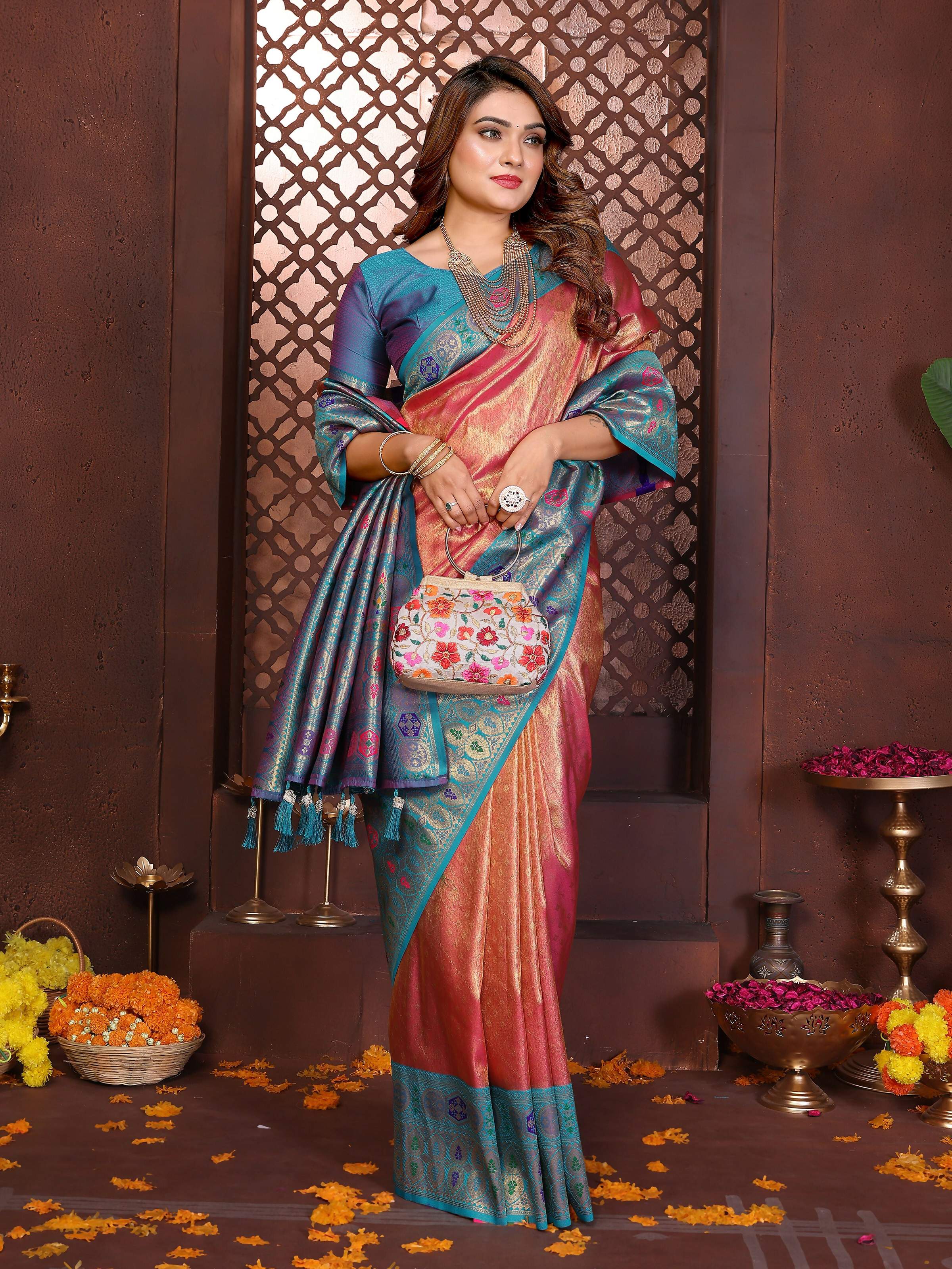 Orange Tissue Silk Weaving Saree Traditional Drape
