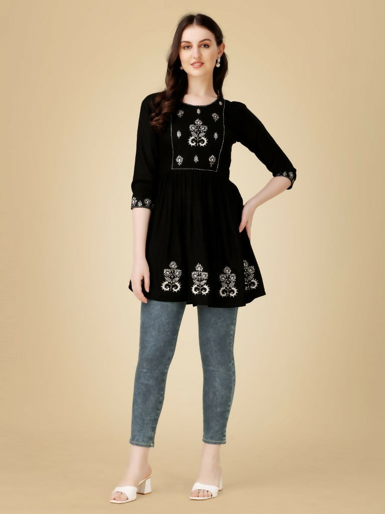 Black Viscose Rayon top with detailed embroidery and sequence work