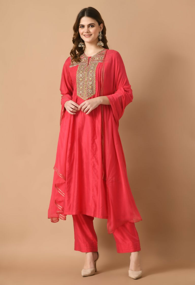 Red Chanderi Kurta Set with Organza Dupatta - 3 Piece Festive Wear