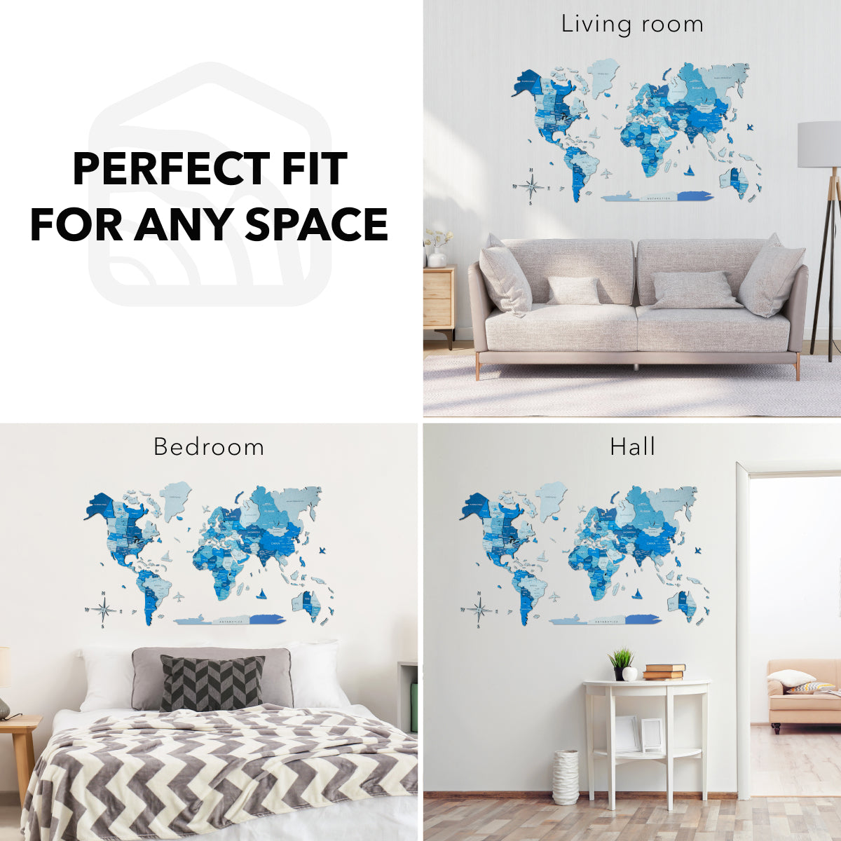 3D Wooden World Map Azure - Modern Geometric Wall Art
