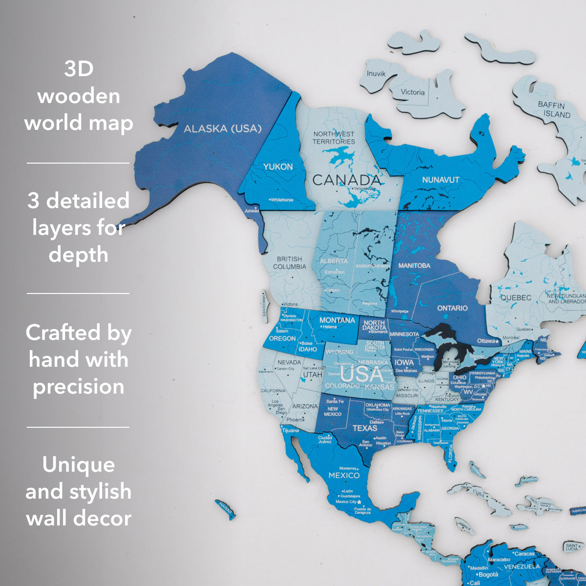 3D Wooden World Map Azure - Modern Geometric Wall Art