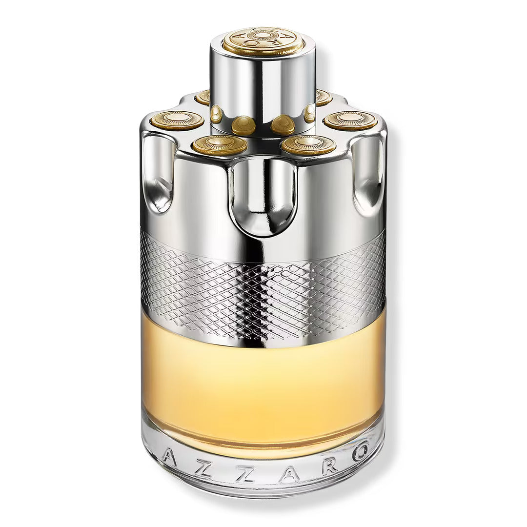 Azzaro Wanted Eau de Toilette bottle featuring a silver and gold industrial design.
