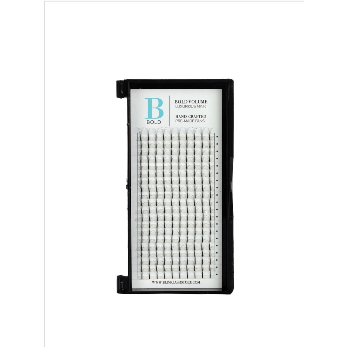 Close up of B Bold 7D black eyelash extension fans on a white background.