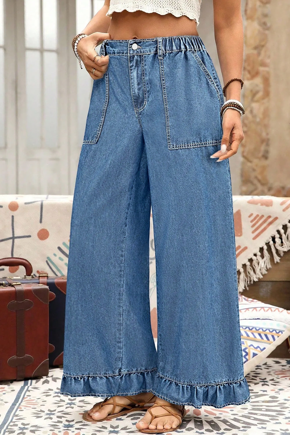Ashleigh Blue Elastic Waist Ruffled Wide Leg Denim Pants