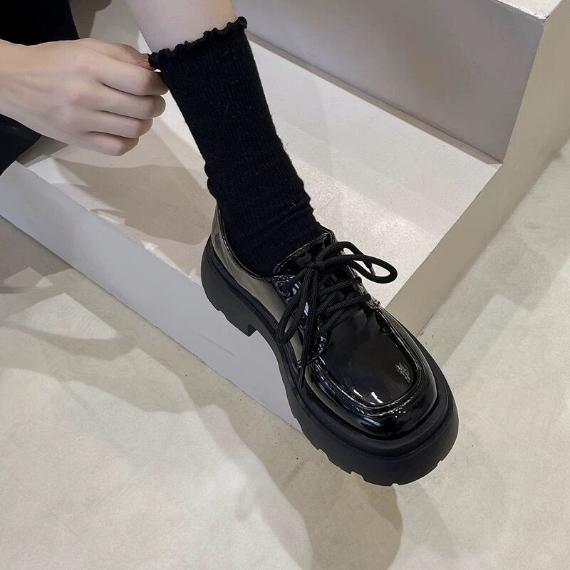 Women’s British Style Black Chunky Sole Leather Platform Loafers - Image 4
