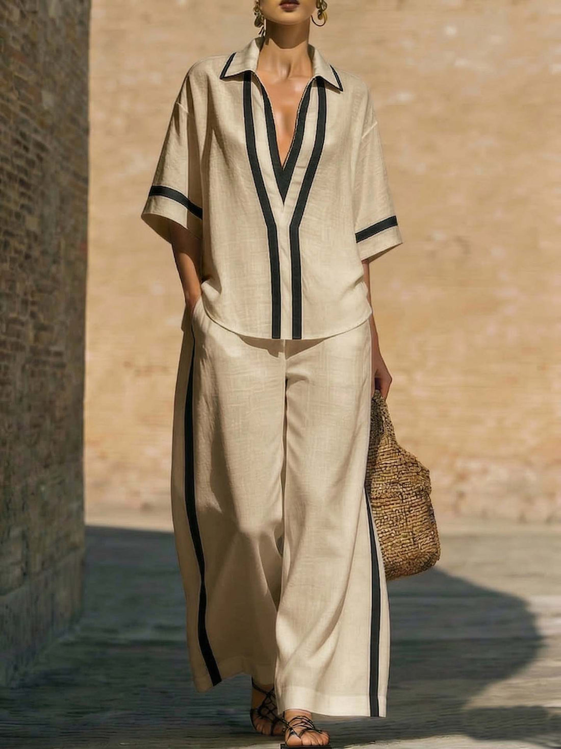 Women’s Color Block Shirt and Wide-Leg Pants Two-Piece Set - Image 6